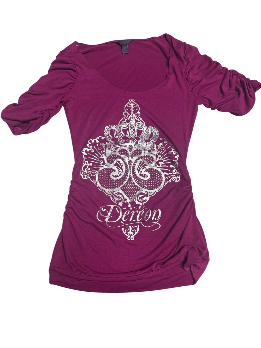 Dereon Magenta Y2K Scoop Neck Ruched Sleeve Tee with Silver Crest